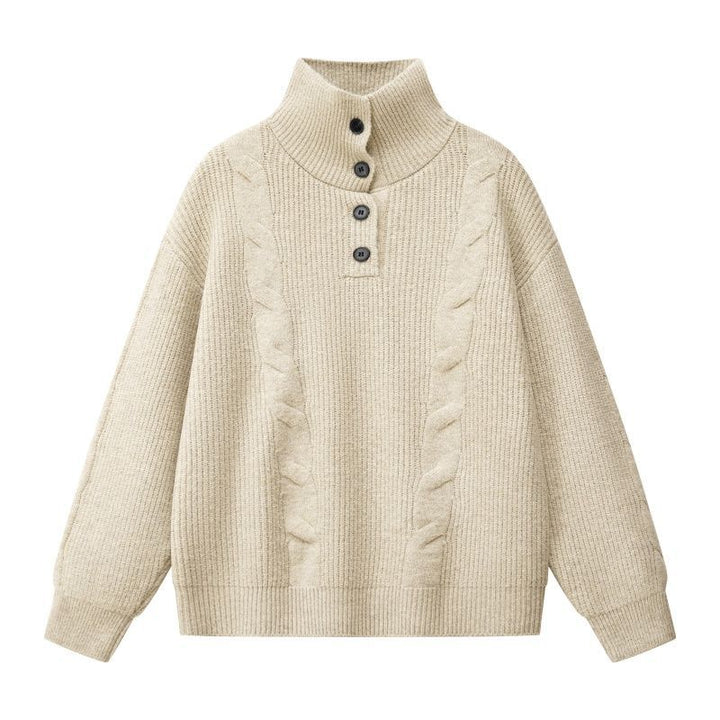 Damen Oversize Zopfstrickpullover mit hohem Rollkragen und Knopfleiste Drune