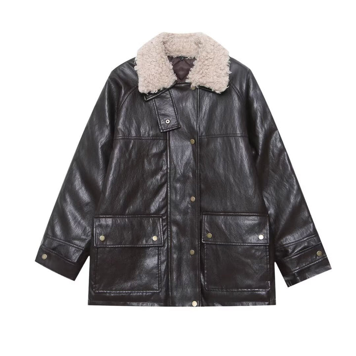 Damen Oversized Kunstleder-Fieldjacke mit abnehmbarem Teddykragen und aufgesetzten Pattentaschen Drune