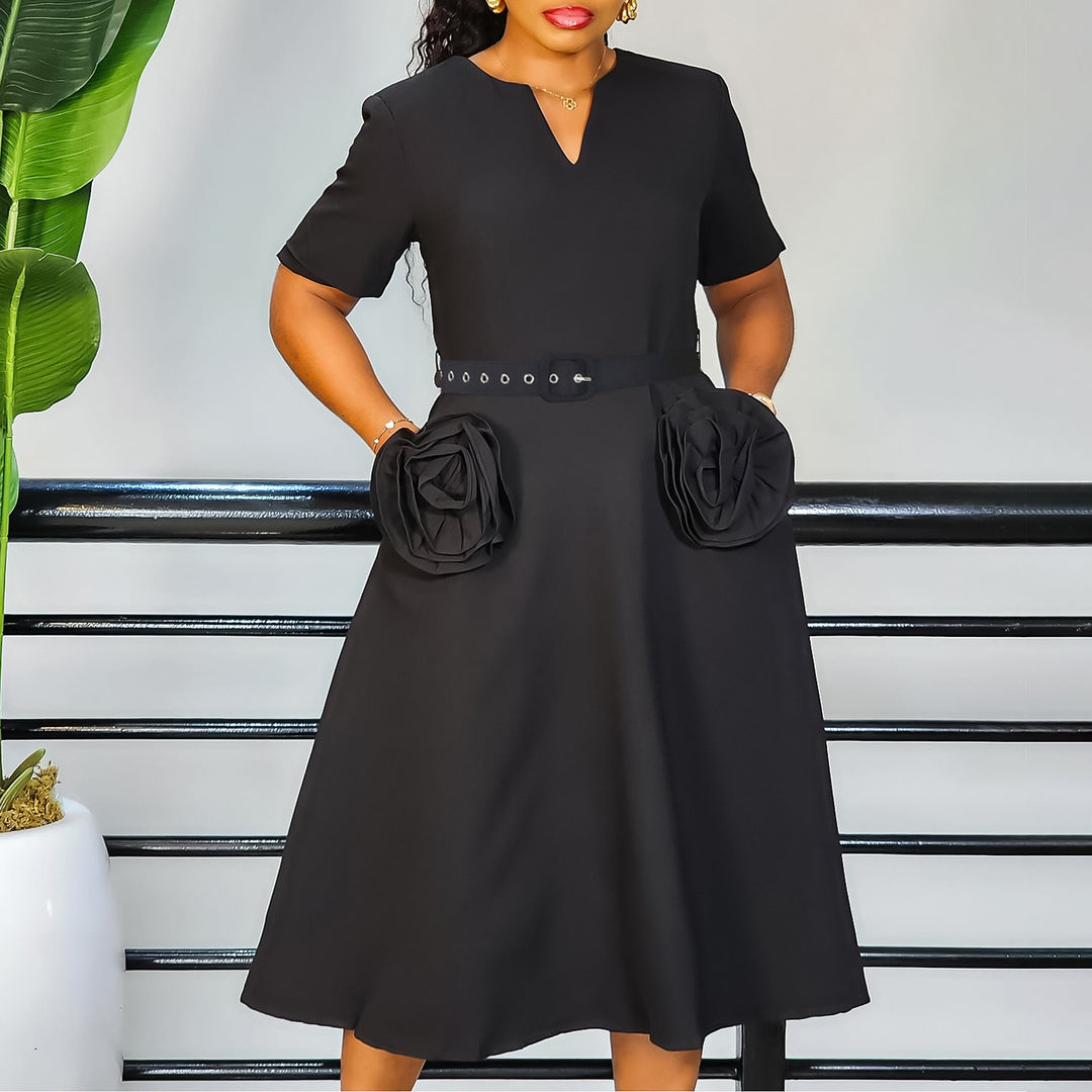 Damen elegantes Midi-Kleid mit Blumenapplikationen und Taillengürtel Drune