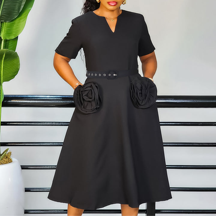 Damen elegantes Midi-Kleid mit Blumenapplikationen und Taillengürtel Drune