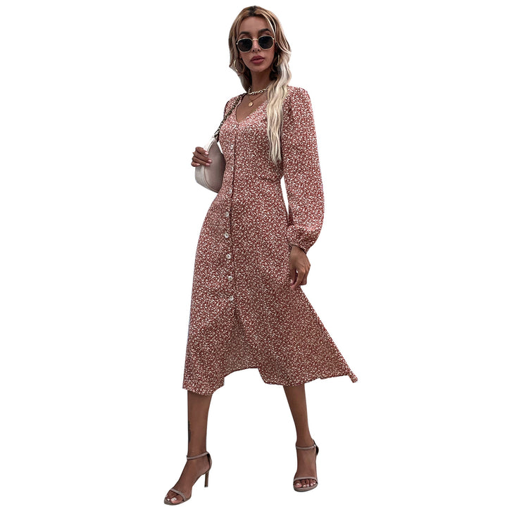 Damen Midi-Kleid mit floralem Musterdruck und elegantem Knopfdesign Drune