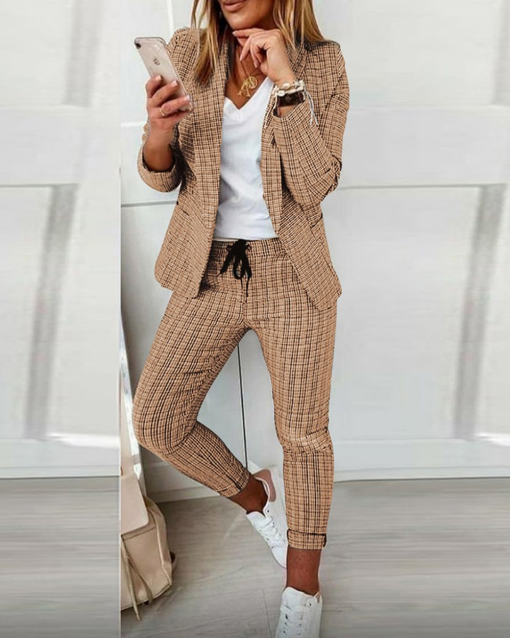 Damen nan lässig-elegantes Karozweiteiler Blazer mit Tunnelzug-Slimhose Drune