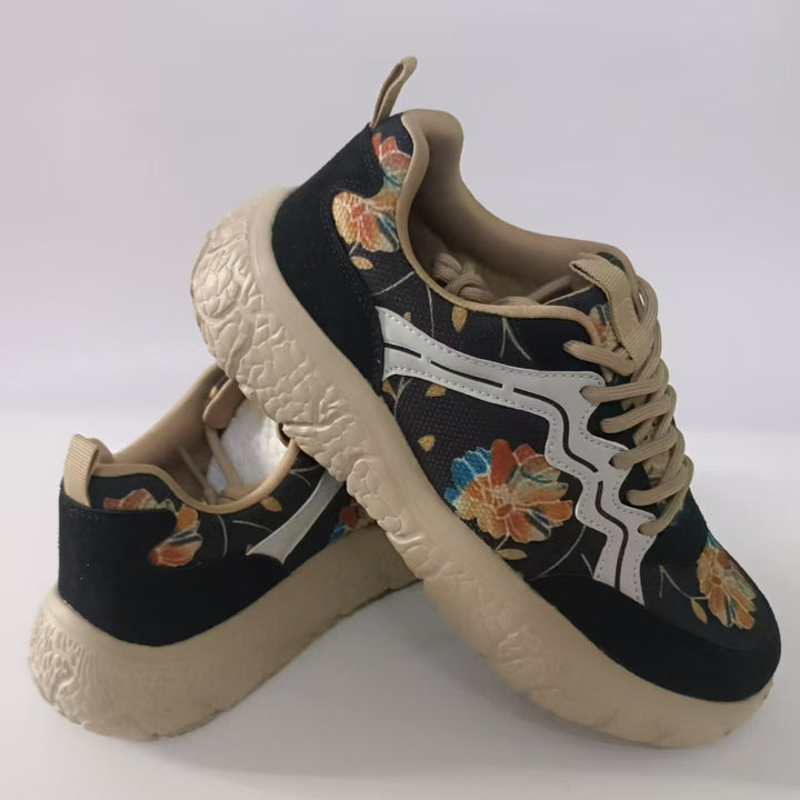 Damen nan modische Plateau-Sneaker mit floralem Canvasmuster und Velourslederbesatz Drune