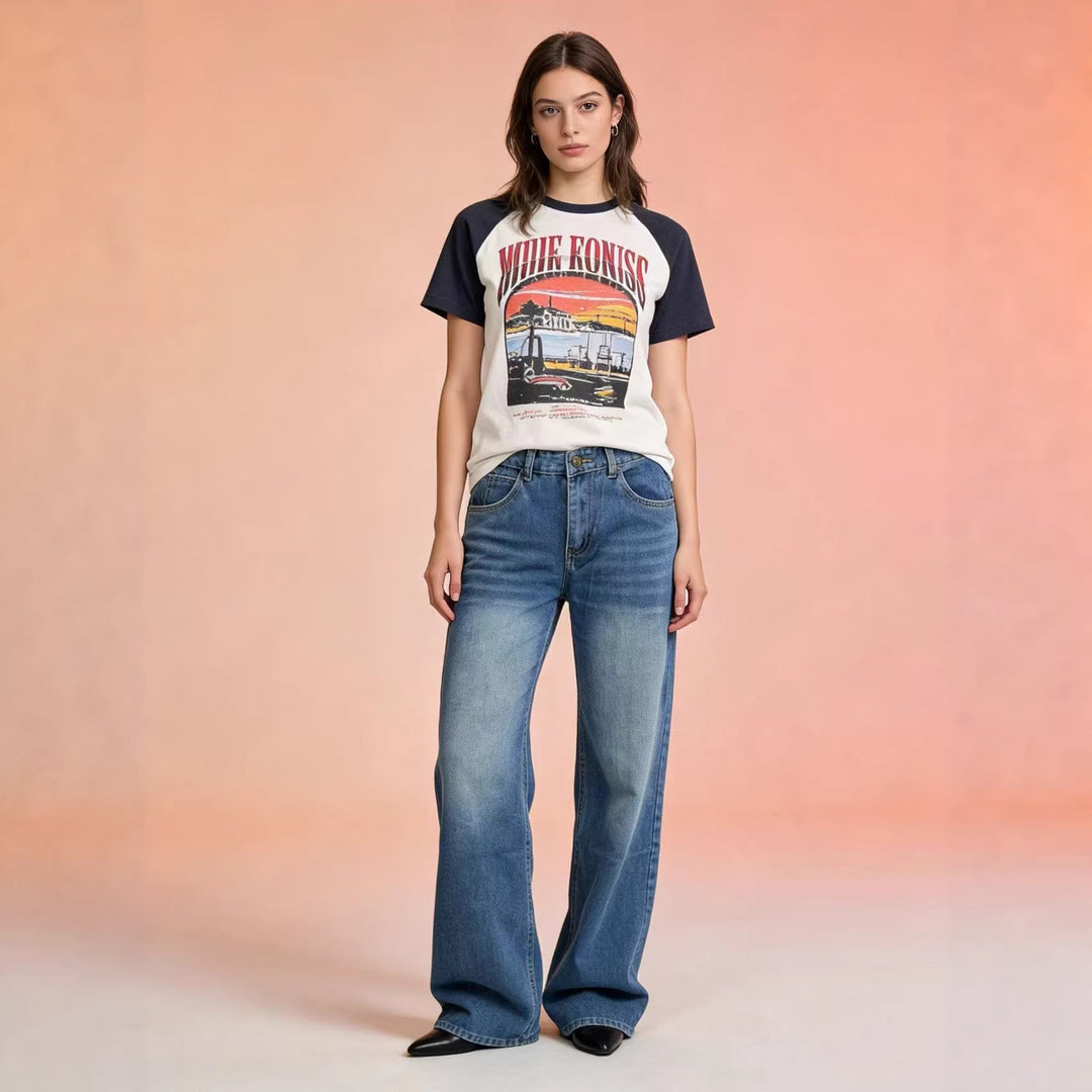 Damen weite Denim-Hosen mit hohem Bund und lässigem Schnitt Drune