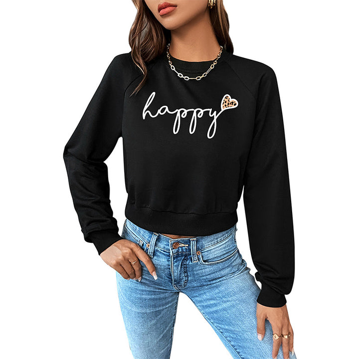 Damen Cropped-Sweatshirt mit Script-Print, Herz-Applikation und Raglanärmeln Drune
