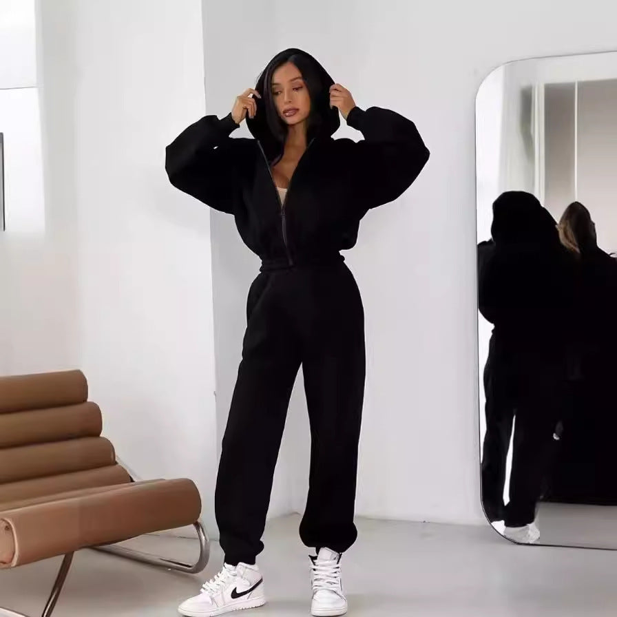Damen kuscheliger Zip-Hoodie und Jogginghose Set Drune