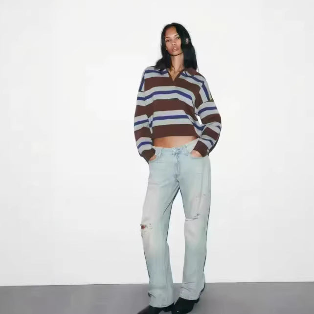 Damen Gestreifter Polokragen-Pullover im Cropped‑Oversize‑Schnitt aus Feinstrick Drune