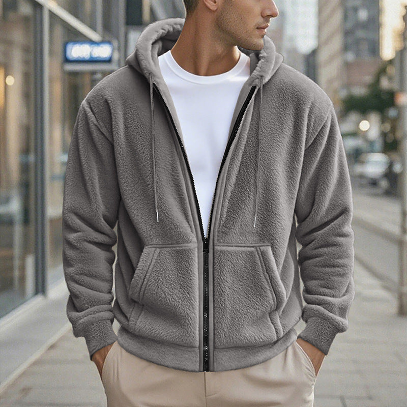 Herren Teddy-Fleece-Kapuzenjacke mit durchgehendem Reißverschluss und Kängurutaschen Drune