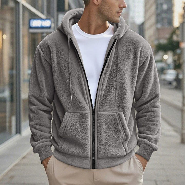 Herren Teddy-Fleece-Kapuzenjacke mit durchgehendem Reißverschluss und Kängurutaschen Drune
