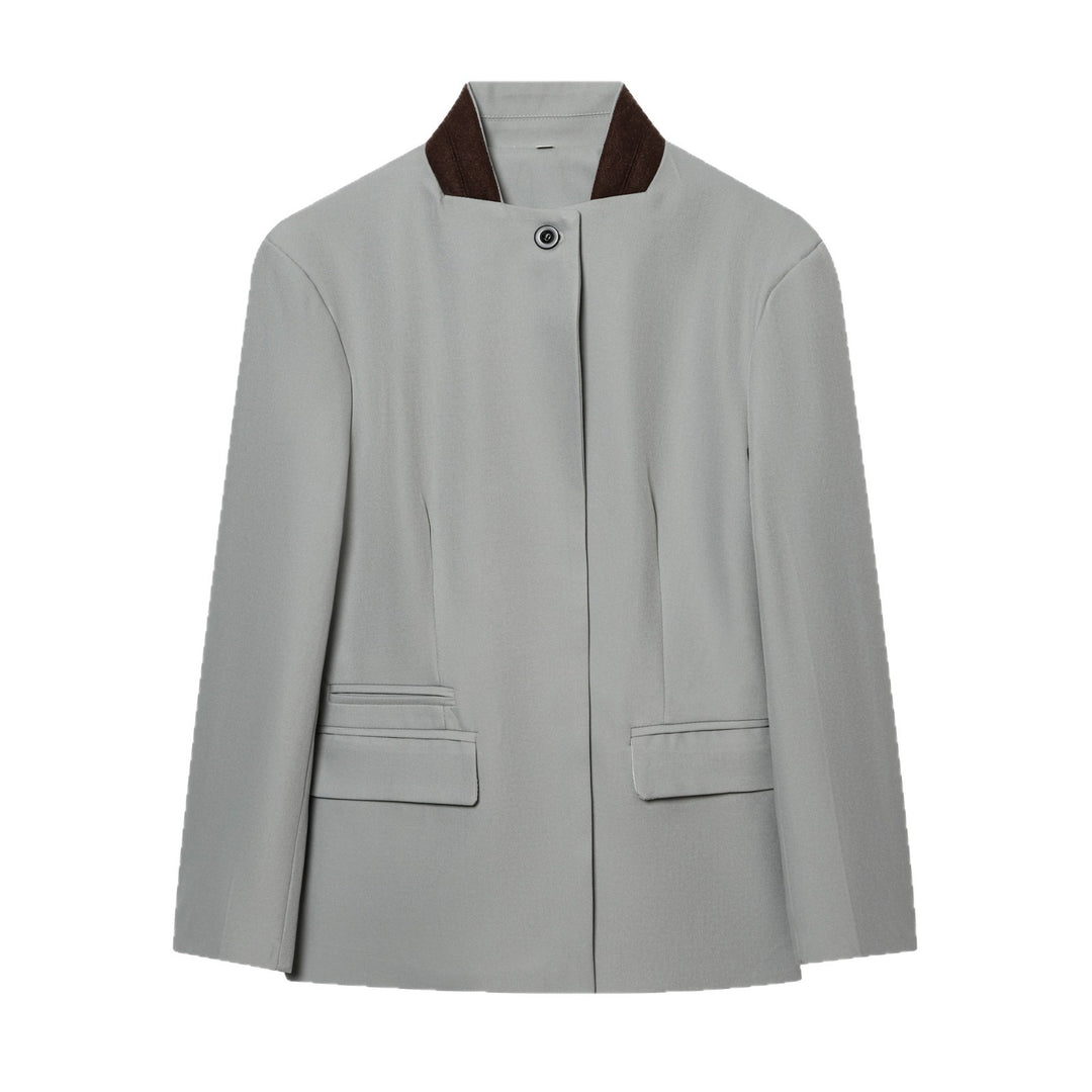 Damen Kurzblazer im minimalistischen Clean‑Look mit Stehkragen und verdeckter Knopfleiste Drune