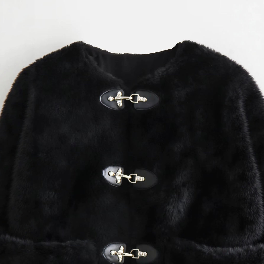 Damen Kurze Teddyjacke mit Knebelverschluss und aufgesetzten Taschen Drune