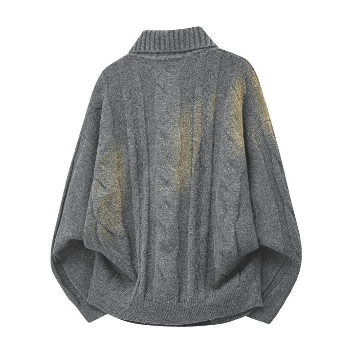 Damen Oversize Zopfstrickpullover mit hohem Rollkragen und Knopfleiste Drune