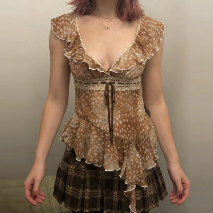 Damen asymmetrisches Sommerkleid mit Rüschen und Spitzenakzenten Drune
