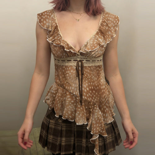 Damen asymmetrisches Sommerkleid mit Rüschen und Spitzenakzenten Drune