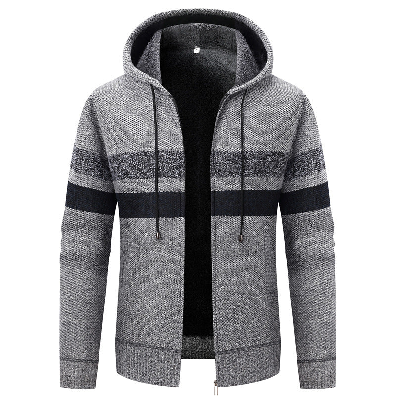Herren Kapuzen-Strickjacke mit Teddyfutter, Reißverschluss und Kontraststreifen Drune