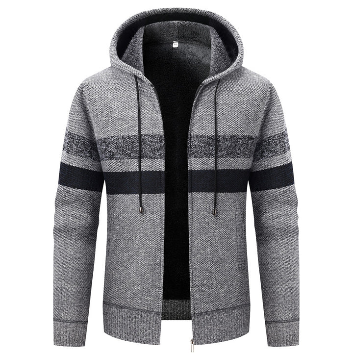 Herren Kapuzen-Strickjacke mit Teddyfutter, Reißverschluss und Kontraststreifen Drune