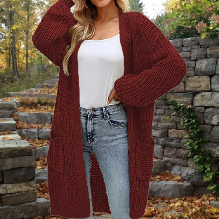 Damen modische Strickjacke mit weit geschnittenen Ärmeln und praktischen Taschen Drune
