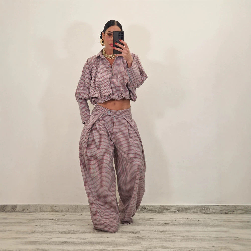 Damen Zweiteiliges kariertes Set mit Cropped Oversize-Hemd und weiter Bundfaltenhose Drune