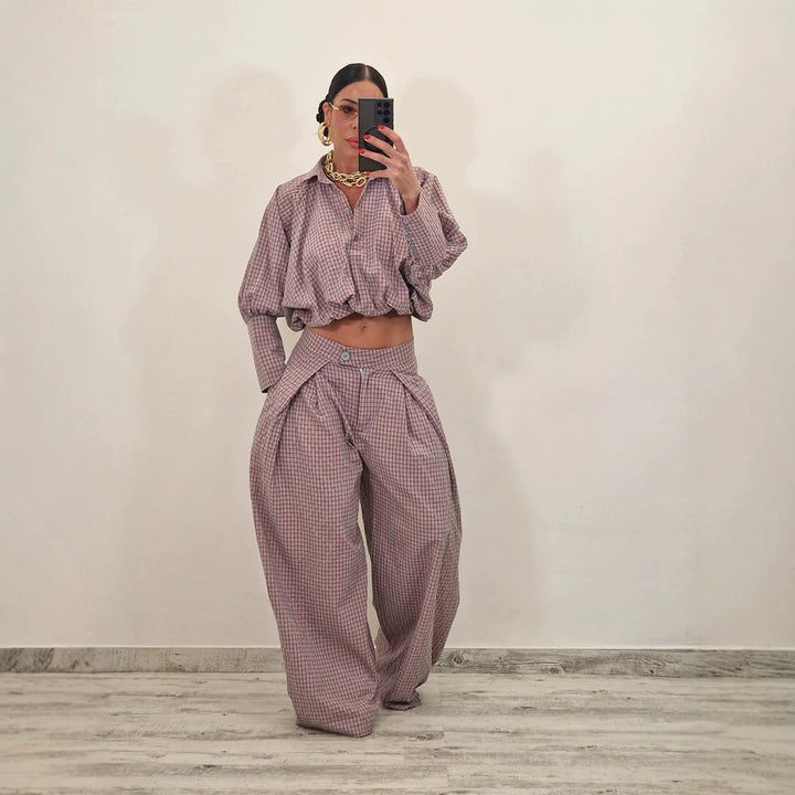 Damen Zweiteiliges kariertes Set mit Cropped Oversize-Hemd und weiter Bundfaltenhose Drune