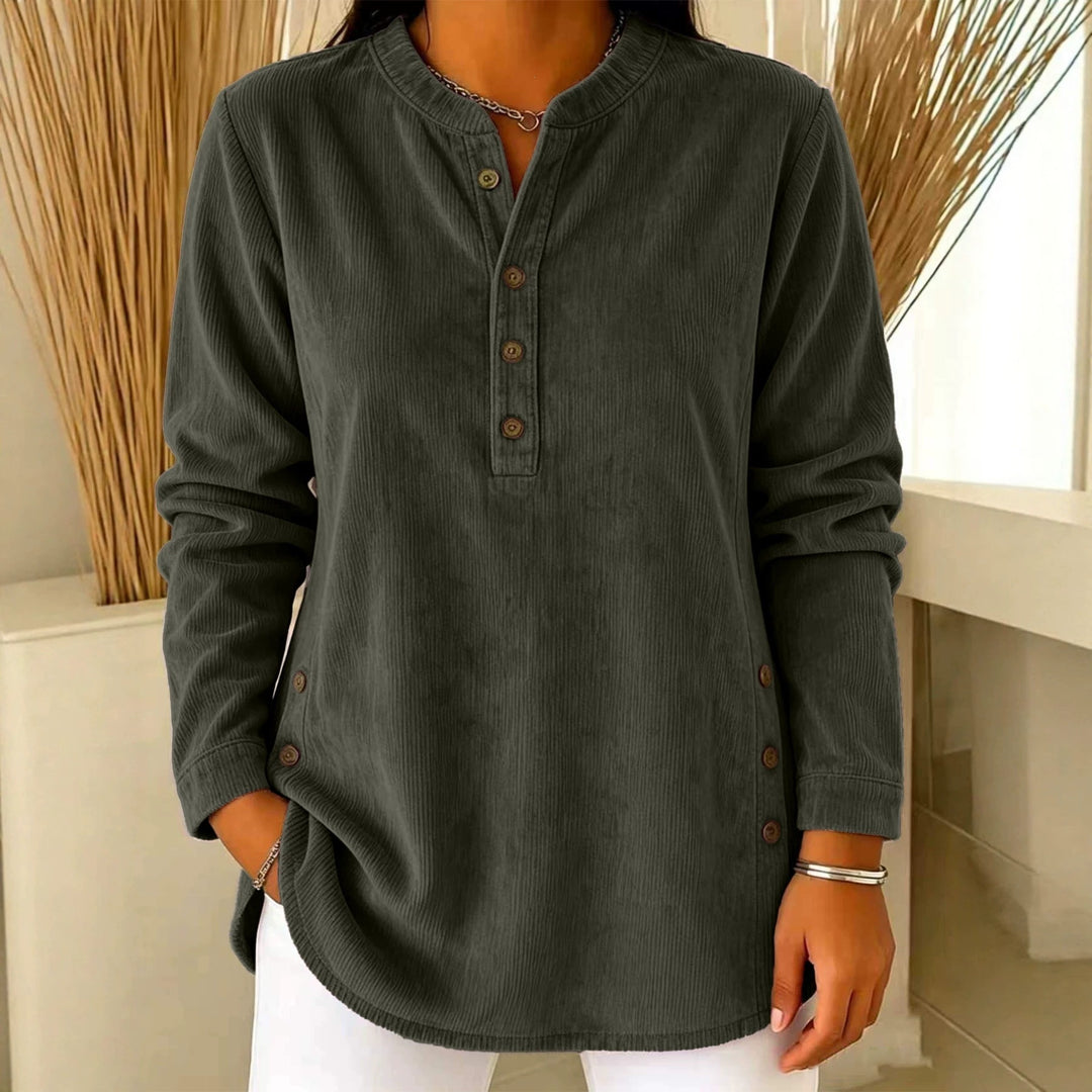 Damen Lässige Cordoptik‑Tunika mit Henley‑Kragen und Seitenknöpfen Drune