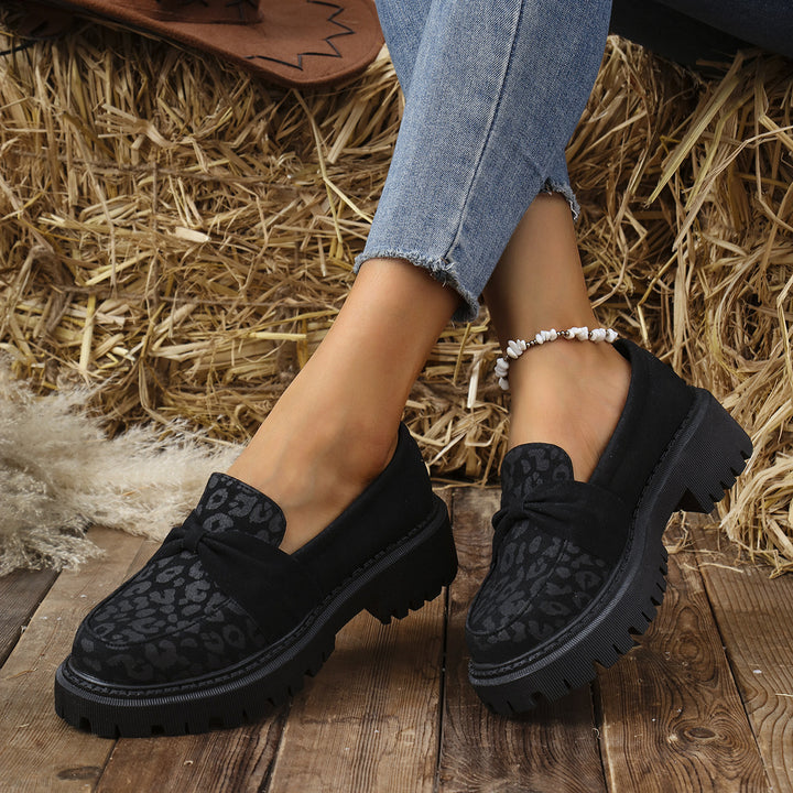 Damen Klobiger Loafer mit dekorativer Knotenschleife und Leoparden‑Spitze Drune