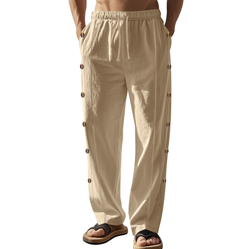 Herren nan entspannte Leinen-Relaxhose mit seitlicher Knopfleiste elastischem Bund und Eingrifftaschen Drune