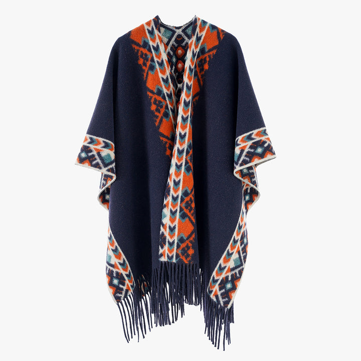 Damen Poncho‑Überwurf mit Ethno-Jacquard und Fransensaum Drune
