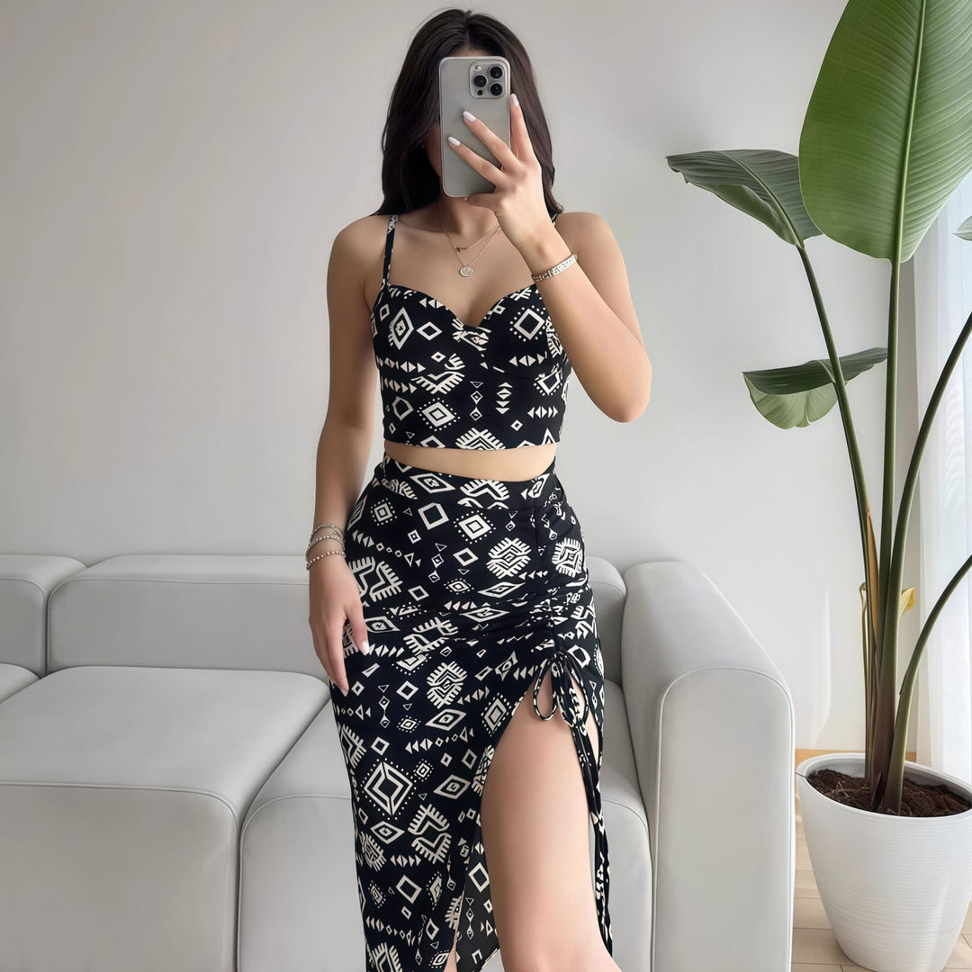 Damen Set aus Crop-Top und Knielangem Rock mit Raffungen Drune