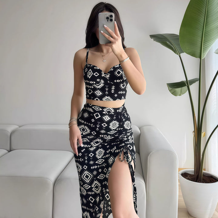 Damen Set aus Crop-Top und Knielangem Rock mit Raffungen Drune