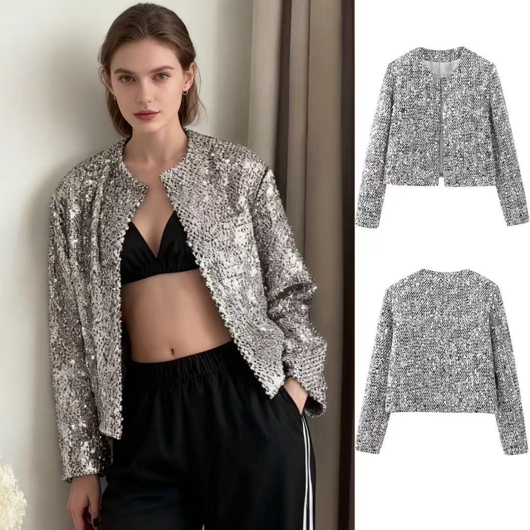 Damen nan gefütterte Bouclé-Kurzjacke mit Paillettenbesatz, Rundhalsausschnitt und offener Front Drune
