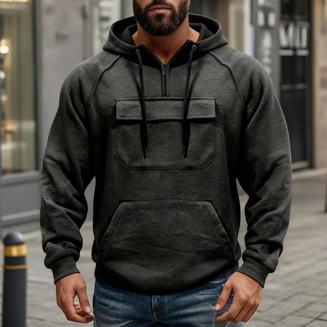 Herren funktionaler Kapuzenpullover mit halbem Frontreißverschluss, aufgesetzter Fronttasche mit Klappe und Kängurutasche Drune