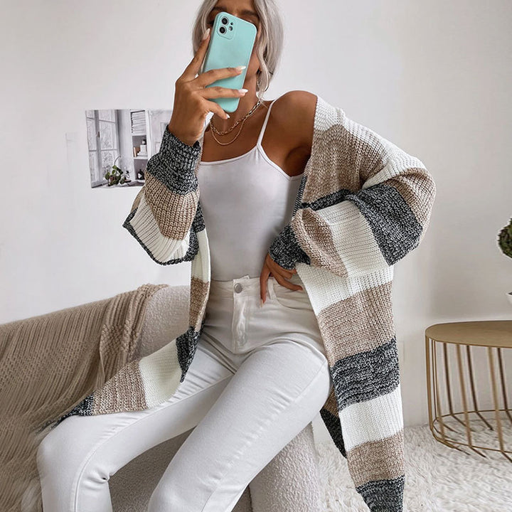 Damen Strickcardigan mit lässigem Streifenmuster und offenem Schnitt Drune