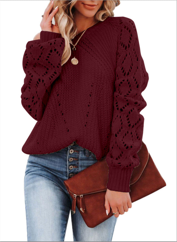 Damen Eleganter Strickpullover mit luftiger Häkelstruktur und weiten Ärmeln Drune