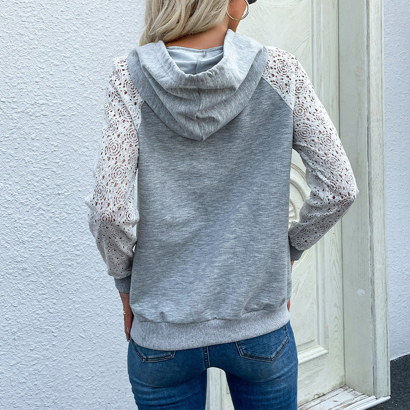 Damen Kapuzenpullover aus Sweat mit floralen Spitzeneinsätzen an Ärmeln und Kängurutasche Drune
