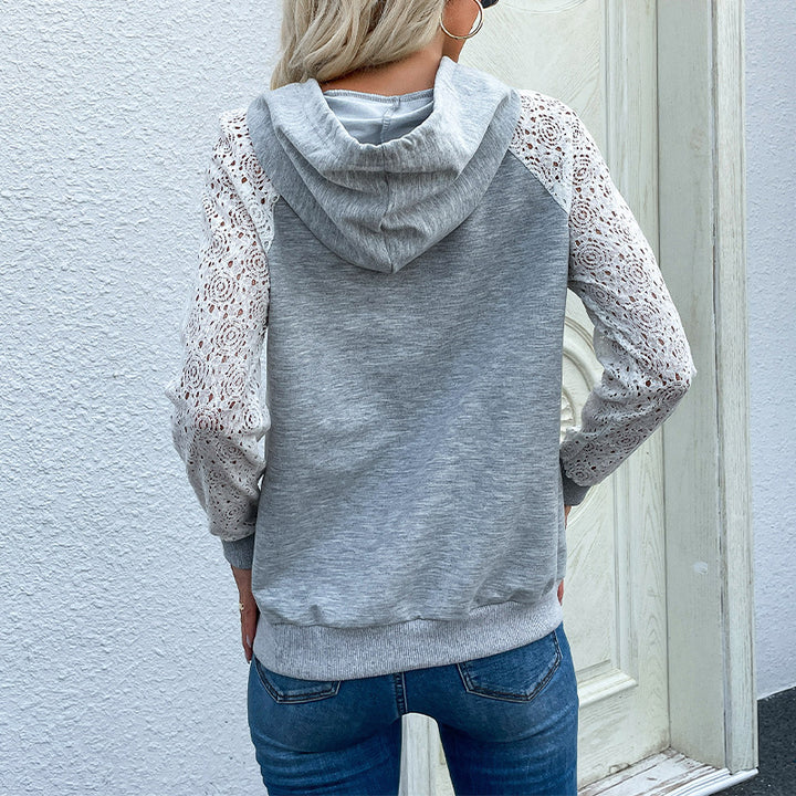 Damen Kapuzenpullover aus Sweat mit floralen Spitzeneinsätzen an Ärmeln und Kängurutasche Drune