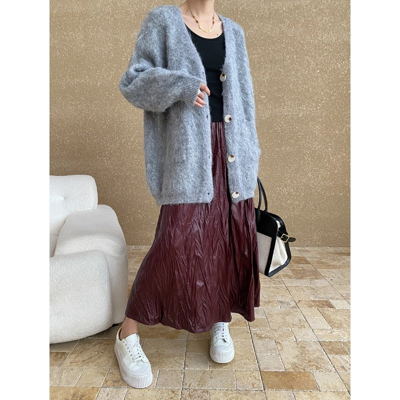 Damen kuschelige und lässige Strickjacke mit großen Knöpfen Drune