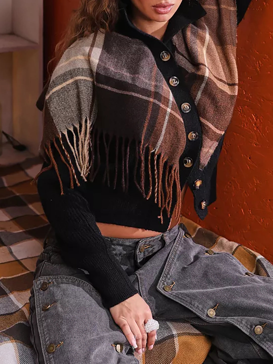 Damen gestrickte Weste mit dekorativem Karomuster und praktischen Knopfdetails Drune