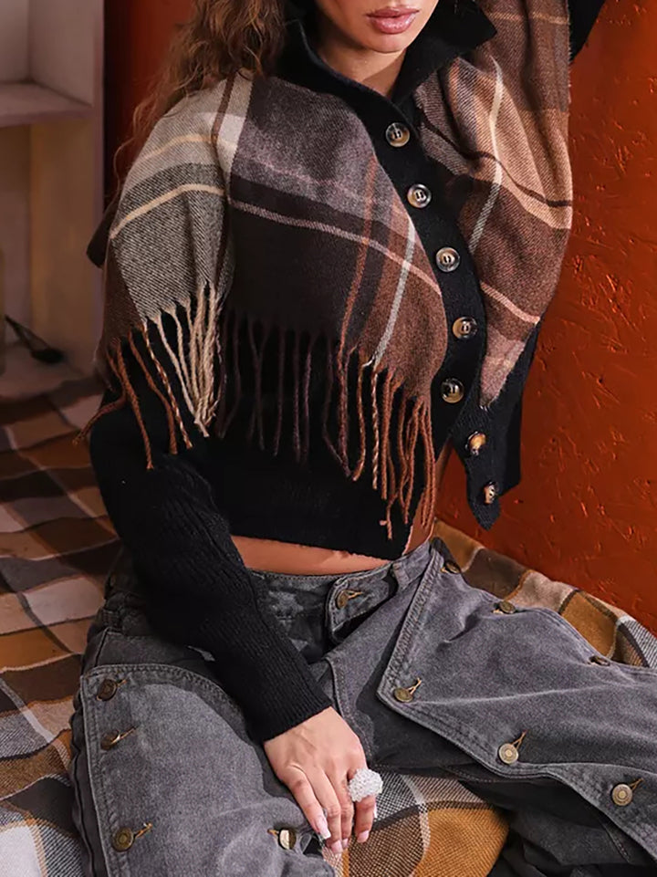 Damen gestrickte Weste mit dekorativem Karomuster und praktischen Knopfdetails Drune