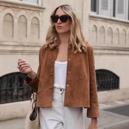 Damen Suede Jacke mit geschlossenen Knöpfen Drune