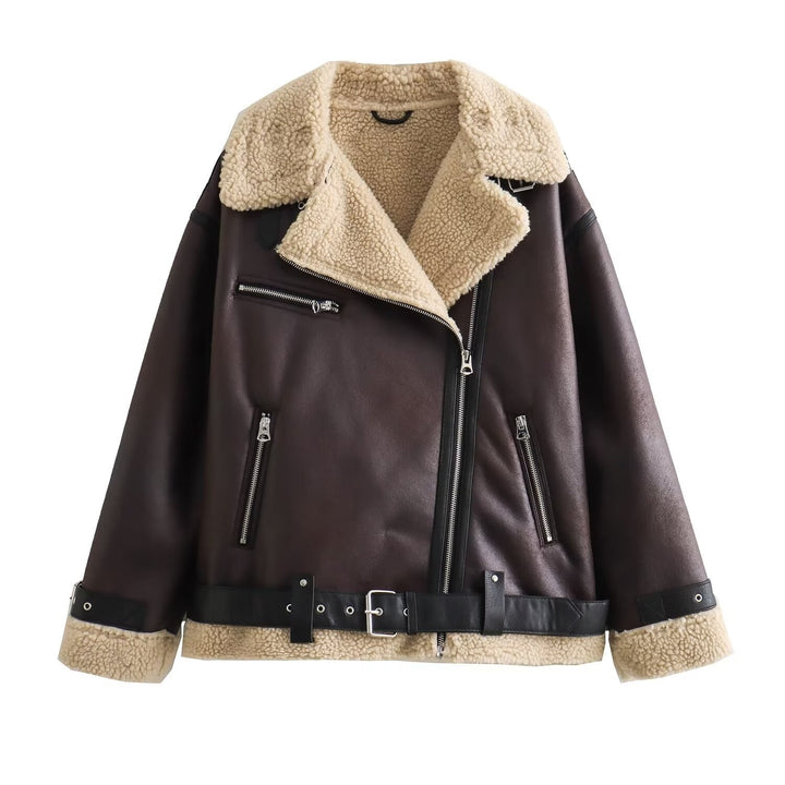 Damen Fliegerjacke im Bikerstil mit Teddyfutter, Kunstlederbesatz und Taillengürtel Drune