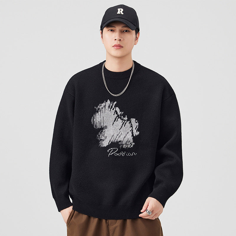 Herren Modischer Grobstrickpullover mit kreativer Tiermotiv-Applikation Drune