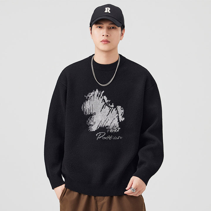 Herren Modischer Grobstrickpullover mit kreativer Tiermotiv-Applikation Drune