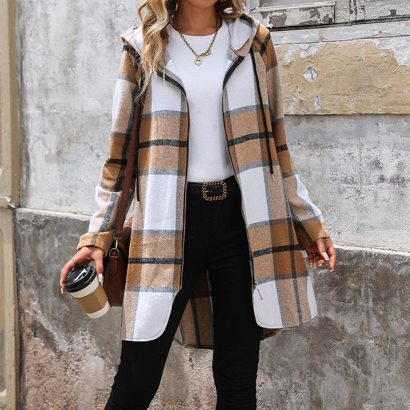 Damen Lange Kapuzen‑Strickjacke mit Karomuster, Reißverschluss & Eingrifftaschen Drune