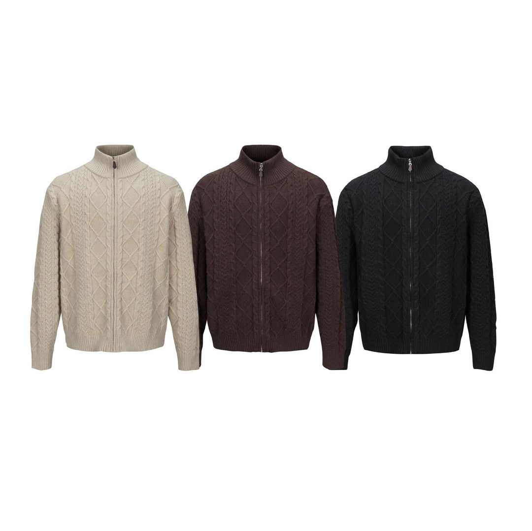 Herren Strick-Zipjacke mit Zopfmuster und hohem Stehkragen Drune