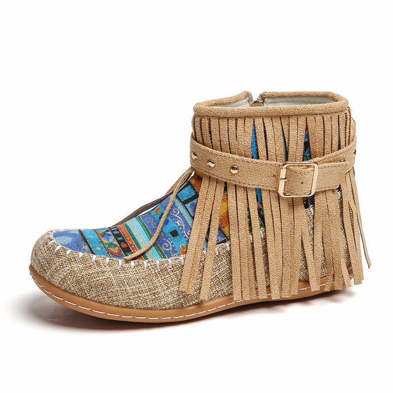 Damen Fransen-Short-Boots aus hochwertigem Stoff mit buntem Ethno-Muster Drune