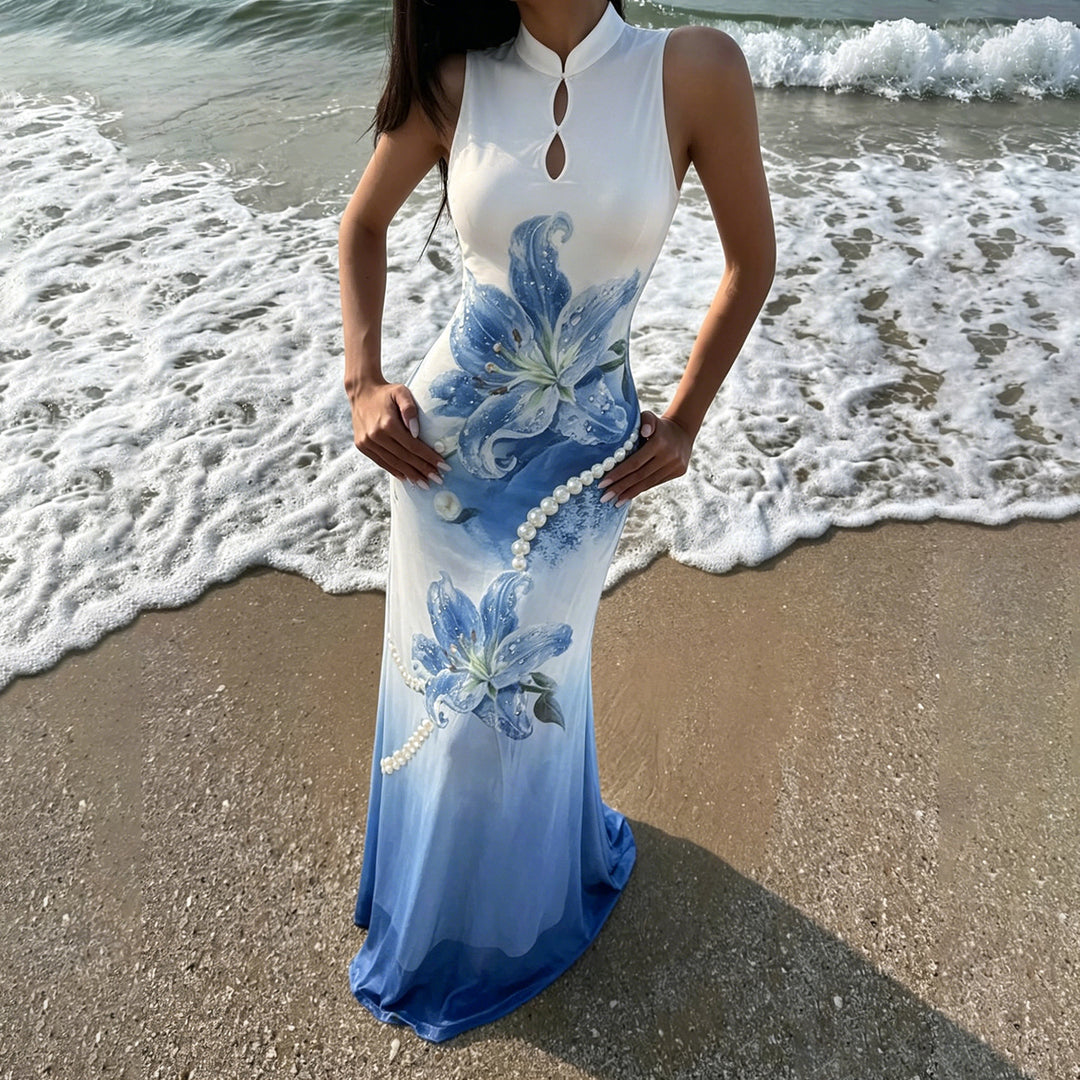 Damen Maxi-Kleid mit floralen Akzenten und elegantem Rundhalsausschnitt Drune