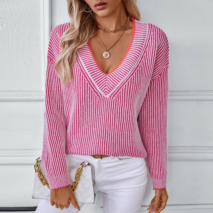 Damen Strickpullover mit V-Ausschnitt und gestreiftem Design Drune