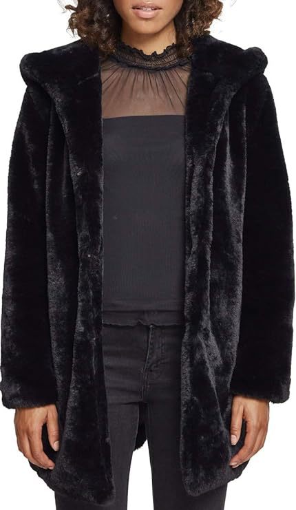 Damen Midilanger Kunstpelzmantel mit Kapuze, Teddy-Finish und verdeckter Knopfleiste Drune