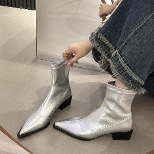 Damen elegante Stiefeletten mit spitzem Zehenbereich und Blockabsatz Drune