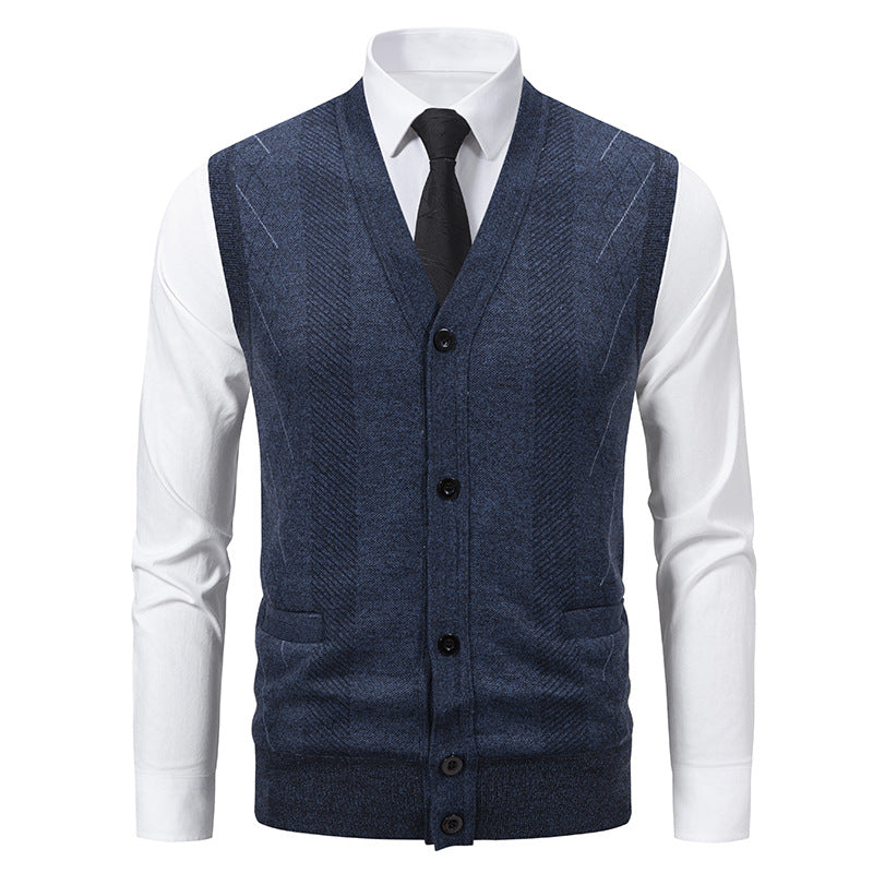 Herren Taillierte Feinstrick‑Weste mit V‑Ausschnitt, Knopfleiste und Eingrifftaschen Drune
